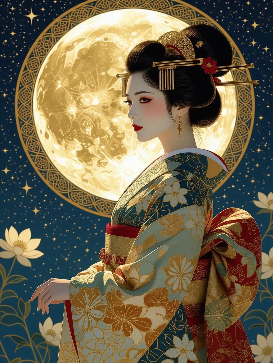A woman wears a traditional kimono with intricate patterns. She stands against a large glowing moon. The background features a celestial sky and floating flowers. The image has a painterly texture with shimmering effects. The scene conveys a dreamlike and ethereal ambiance.