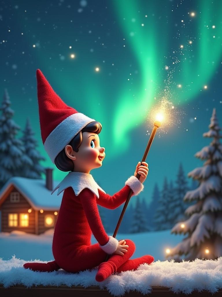 An elf on the shelf sits facing away from the viewer. The elf gazes up at colorful northern lights while holding a glowing wand. A cozy house is in the distance surrounded by snow. The elf represents the magic and wonder of Christmas. The words I will miss you Ari and Zoey appear from the wand in the night sky.