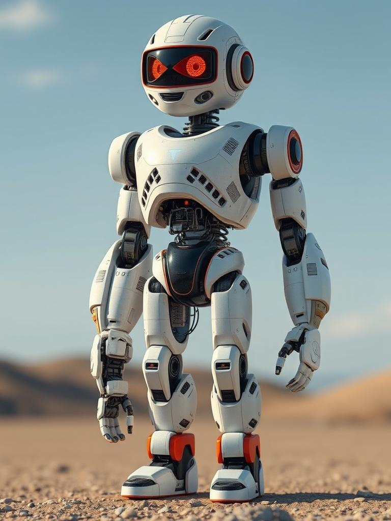 A futuristic humanoid robot stands alone in a barren desert landscape. The robot's sleek white and orange design contrasts sharply against the sandy backdrop, giving it a sense of advanced technology. The bright sunlight casts crisp shadows, highlighting the robot's intricate mechanical features and vibrant color accents, suggesting a blend of futuristic innovation and exploration.