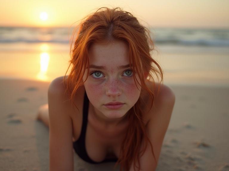 Photorealistic portrait of a cute teen girl with vibrant blue eyes. She has long auburn hair styled in a ponytail and is lying on the beach at sunset. Her expression is exhausted, and she has pale skin with freckles. She wears a tight black bikini and the scene captures the sun setting over the ocean.