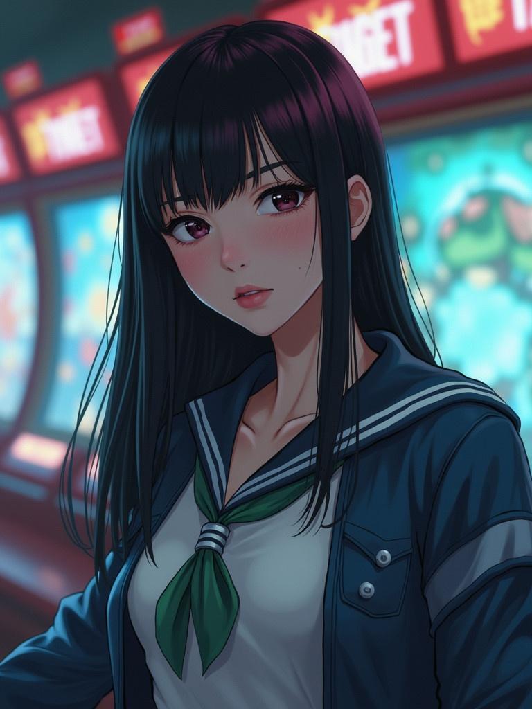 A woman dressed as a player from Squid Game. She has straight black hair and wears a green tie. She stands in front of a brightly lit background with a video game setting. The character exudes a strong presence. The outfit is reminiscent of the style from the series. The overall composition captures the essence of the show's theme.