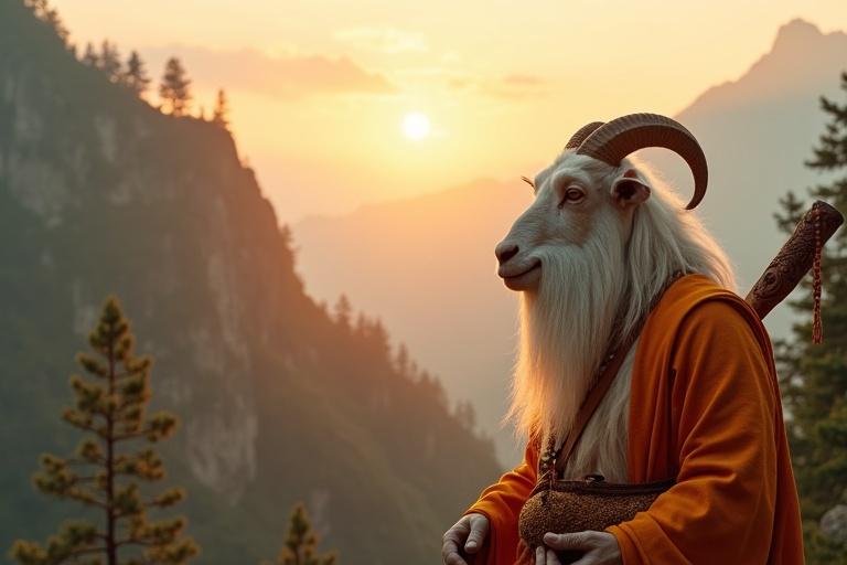 Mountain cliff at sunrise with golden light. Mahaguru is an elderly goat in orange-white robes. His long white beard adds wisdom to his calm expression. Intricate patterns on his wooden staff show craftsmanship. A beaded pouch hangs from his shoulder. Lush pines surround him with misty emerald peaks in the background. The sky is golden-pink, creating a serene atmosphere. Hyper-realistic details emphasize his legendary status.
