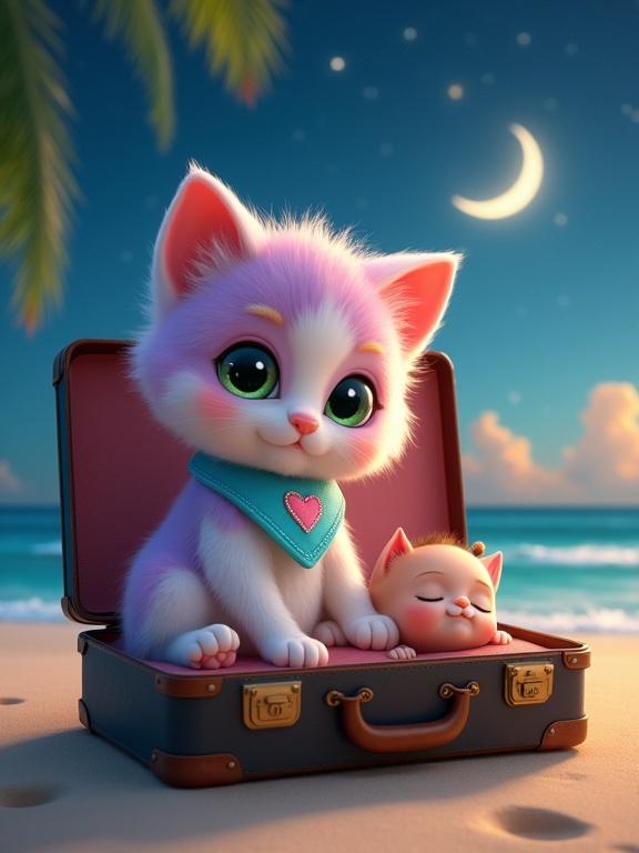 Fluffy anthropomorphic kitten in pastel colors. Creamy white belly and large green eyes. Oversized head with soft features and tiny paws. Wearing a light blue bandana with a pink heart. Baby cat sleeps peacefully beside her. They rest in an open vintage suitcase on a tropical beach at night. Crescent moon and stars above ocean. Delightful Pixar-style artwork.