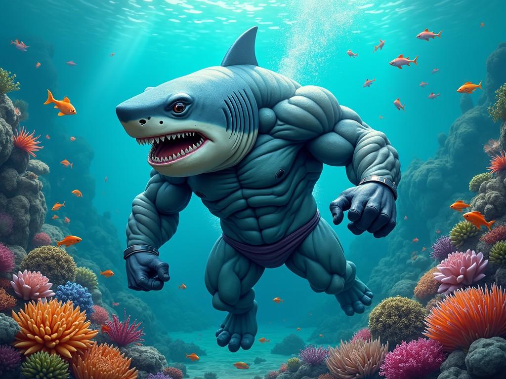 This digital illustration features a fantastical character, a humanoid with the head of a shark, navigating through a vibrant underwater environment. The creature is muscular, exuding power and dominance, surrounded by colorful coral reefs and small, curious fish that add a splash of color against the turquoise water. The light filters through the water, highlighting the dynamic pose and textures of the character.