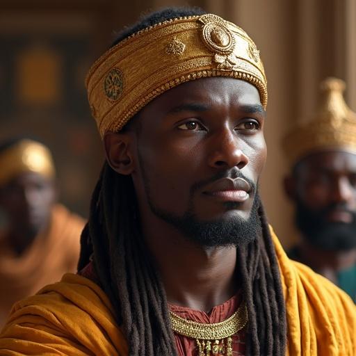 Black-skinned man with a tah on his head inside palace. He is Abraha the Abyssinian surrounded by entourage. Historical context of Ethiopian kings.
