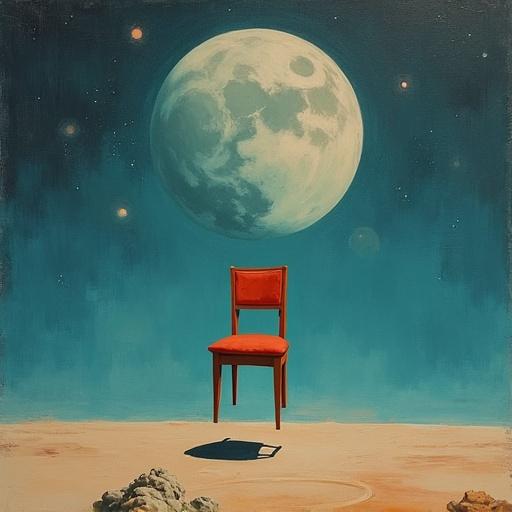A chair floats alone in outer space under a large moon. Dreamlike minimalist composition. Surreal theme with an abstract approach. It features textured brushwork and emotive storytelling in an illustration style.