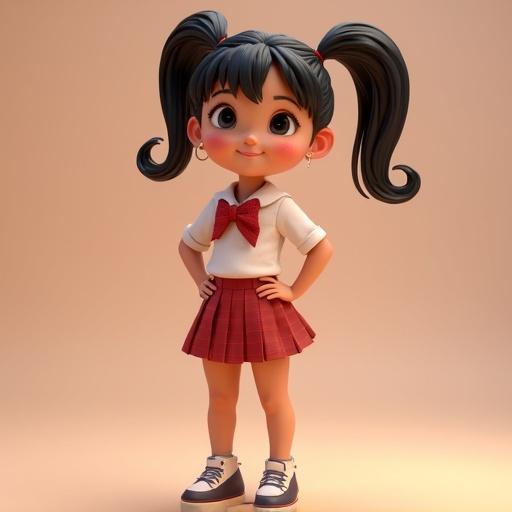 3D animated schoolgirl character with playful expression wearing a mini skirt and a white blouse with a red bow. Light brown skin tone, black hair styled in pigtails. Character has an engaging pose with hands on hips.