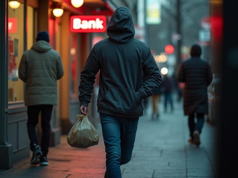 A young man in a hoodie and jeans runs out of a small bank holding a bag. Security alarms flash. Urban street background captures action mid-motion. Tension and drama are evident.