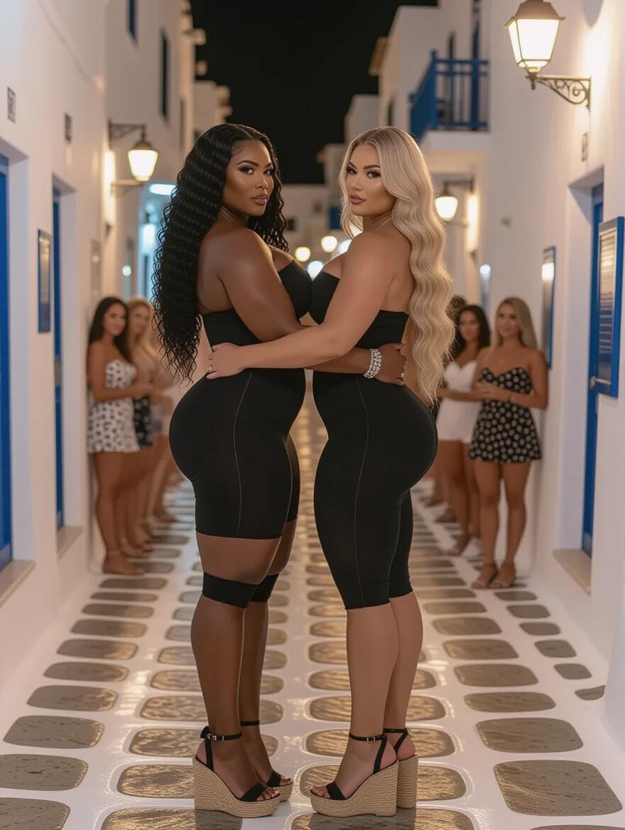 Two bodybuilder women stand in an alley in Mykonos at night. One has dark curly hair and dark skin. The other has long blonde wavy hair and light skin. They wear black strapless dresses and espadrille heels. Their arms are intertwined and they gaze into each other's eyes. The alley is bustling with people.