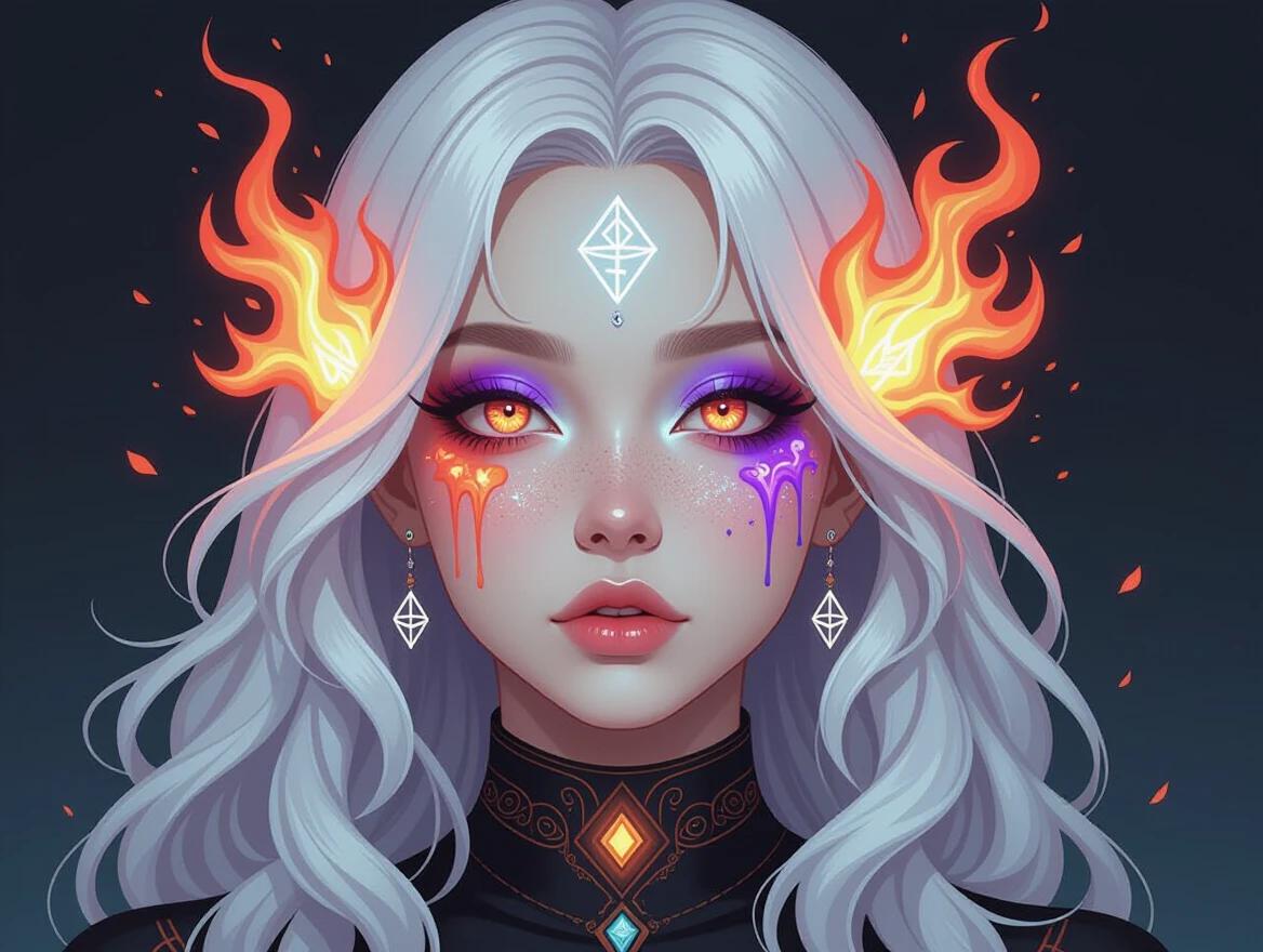 Bright surrealism art featuring a close portrait. The setting includes a bright black background filled with ore veins. The character is a young female with glowing peach and one glowing purple ring eye. Colors bleed from her eyes like flames. She has long white wavy hair, pale skin with eye details resembling flames. The image includes purple and peach flames, bold colors, white triangle symbols, and splattered face paint. Eye ornaments and glowing white runes are also featured.