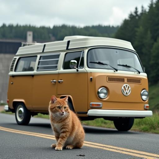 A cat is playfully pulling a rag out of a paper bag on the road beside a parked tan Volkswagen van. The setting includes a hydroelectric dam in the background.