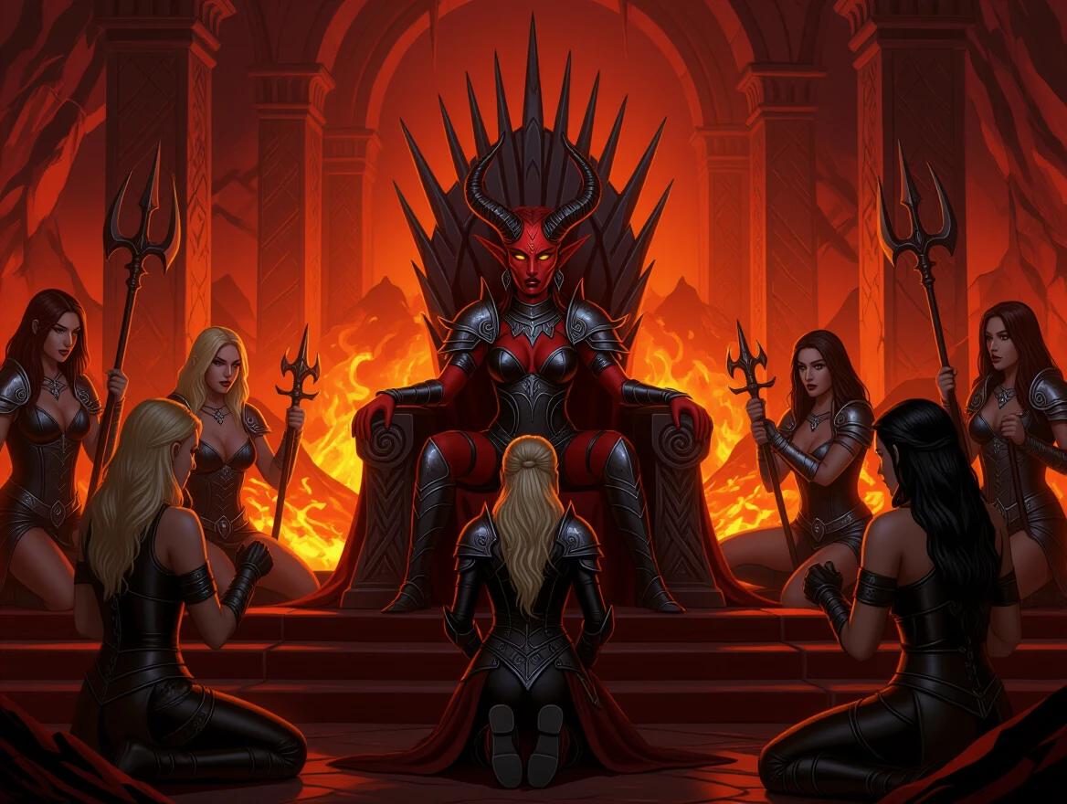Demon queen with red and black skin sits on a grand throne in a majestic throne room. Women in leather perform a ritual around her. The atmosphere is dark and intense with lava surrounding them. A blond female Paladin kneels before the throne.