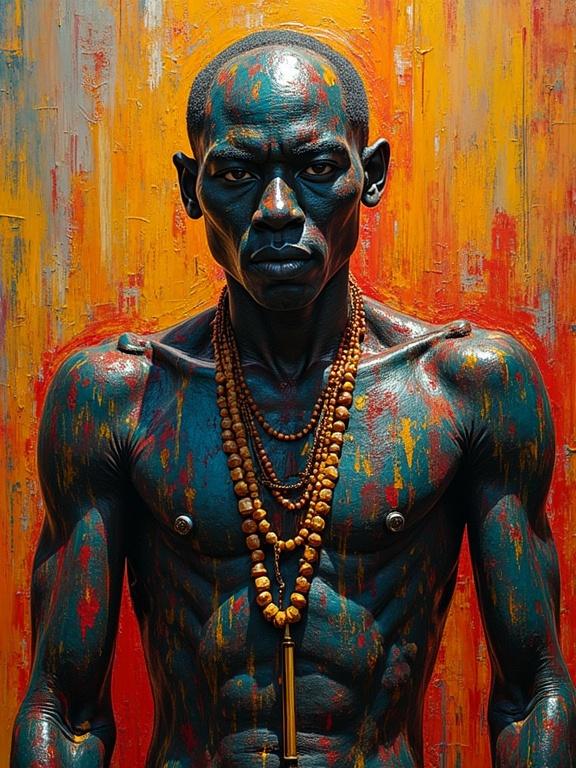 Portrait of a phallucious katanga man. Artwork in neo-impressionism and expressionism styles. Features thick layers of colorful textured paint. Cinematic film quality with atmospheric lighting.