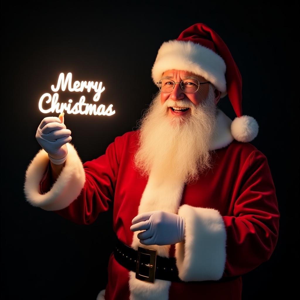 Santa Claus is wearing a traditional red and white suit. He is holding a glow stick that forms the name Merry Christmas in bright light. Santa looks jolly, exuding warmth and holiday cheer. The background is dark, enhancing the glow of the text.