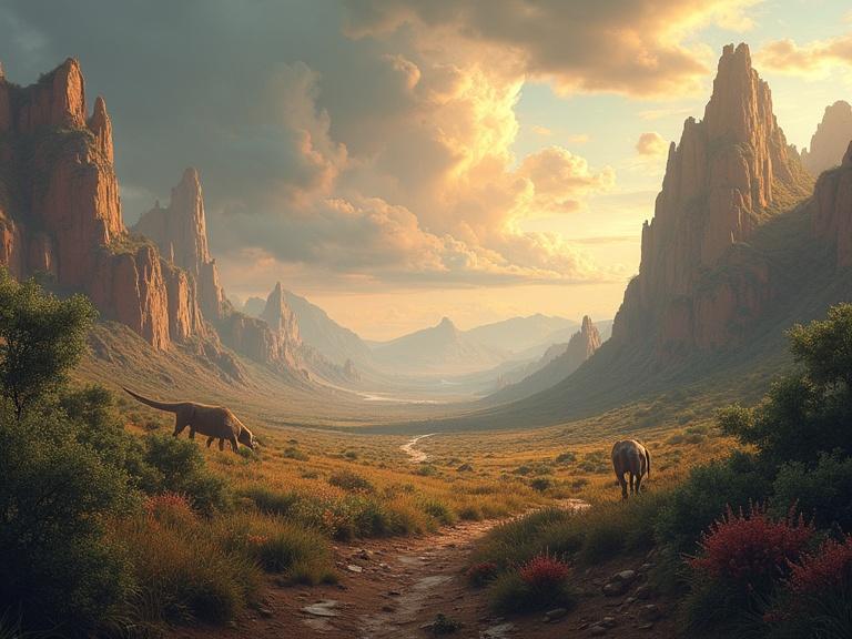 Artistic vision of a lost prehistoric landscape with vast untouched terrain featuring dramatic skies, exotic vegetation, strange rock formations, and extinct animals. Surreal atmosphere with dreamlike lighting, painterly style, rich textures, and warm tones.