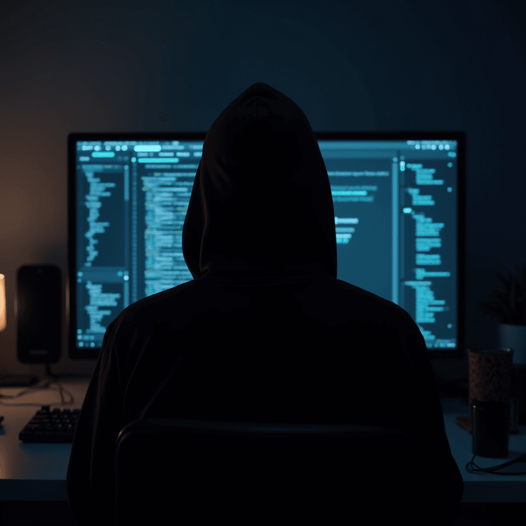 A person in a hooded sweatshirt is sitting in front of a computer screen filled with code, lit by a desk lamp in a dimly lit room.