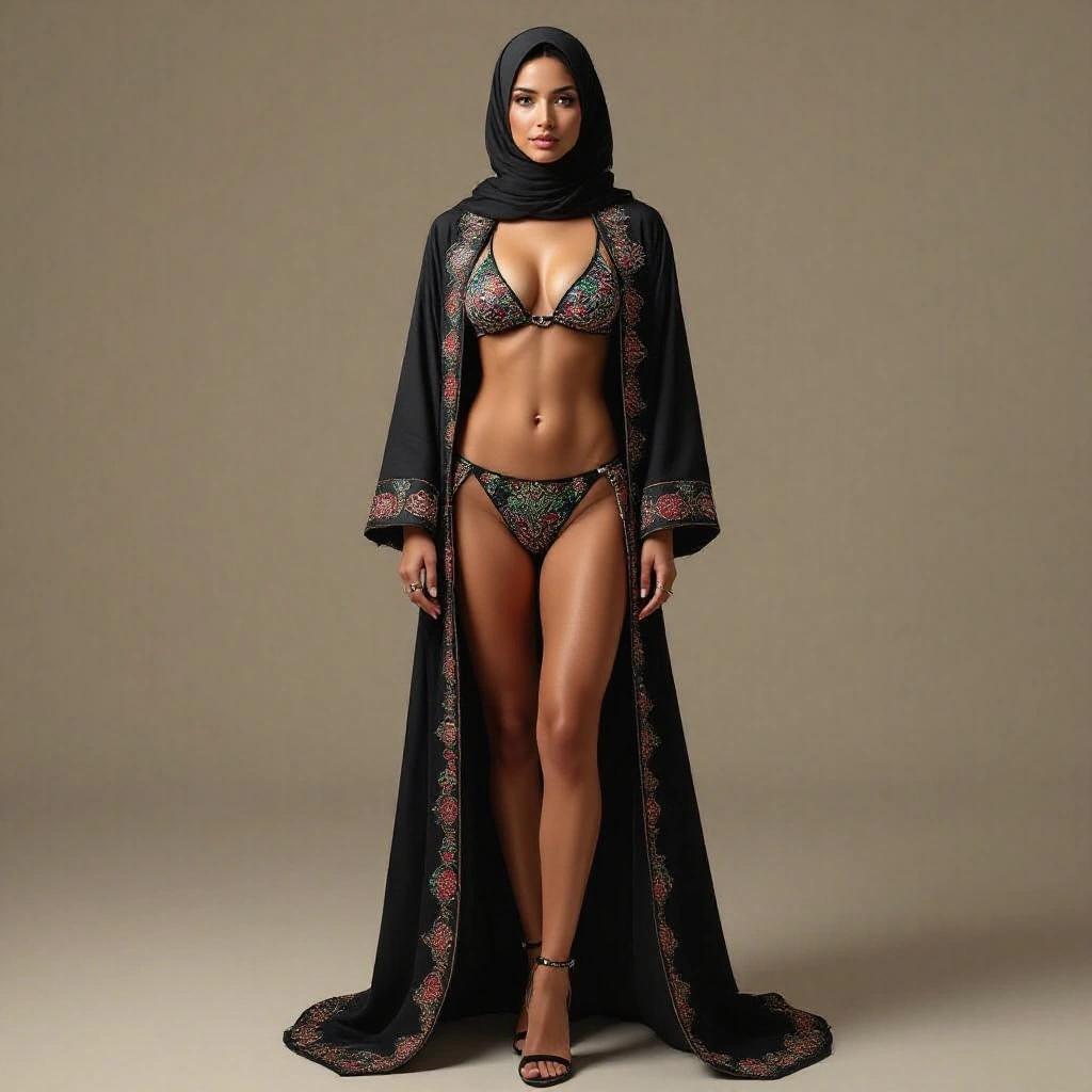 A model showcases a chic combination of a hijab with a high bikini and stylish heels. The outfit blends traditional and modern elements. She stands confidently against a neutral background while striking a pose. The colors in the bikini are vibrant, enhancing the overall look.