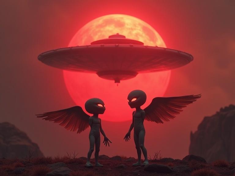 Scene depicting two gray aliens with wings in front of a large saucer-shaped UFO under a glowing red sun. The aliens have shiny red eyes. The landscape is barren with unusual rock formations.