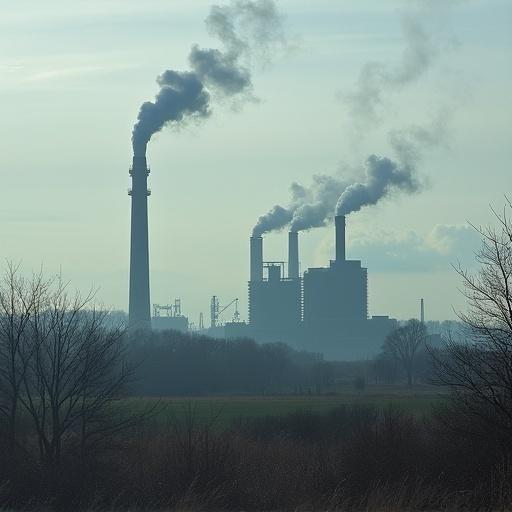 Industrial landscape features smoking chimneys in the distance. Hazy atmosphere surrounds the factories. Green fields are visible in the foreground.