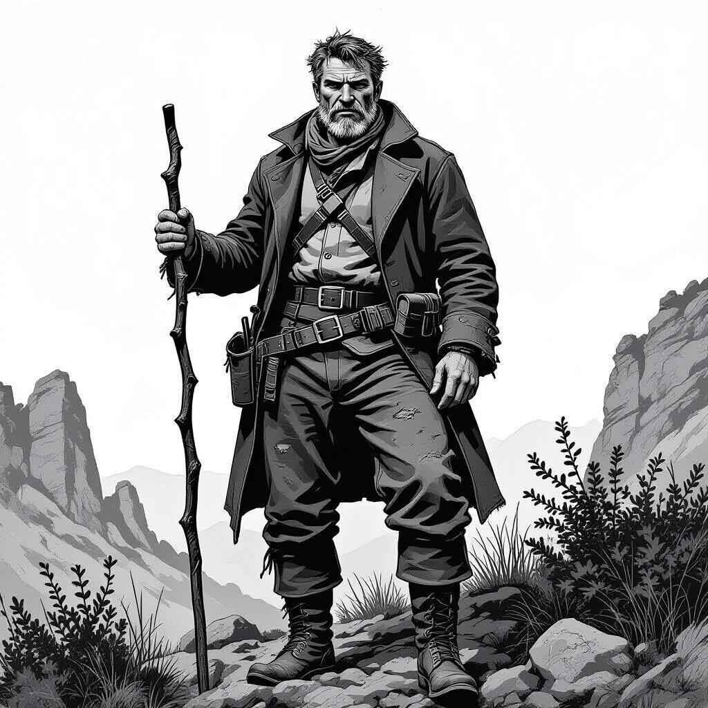 A confident frontier tracker stands on rocky terrain. He wears rugged clothing including heavy boots and a canvas coat. Solid build with a sharp expression. Hands grip a walking staff or are near a belt of tools. Jagged outcrops and scrubby brush visible in the background. Black and white grayscale line art emphasizes texture and detail.