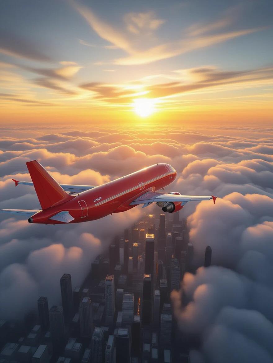 A red plane flying among clouds above a city at sunset. City skyline below with dense cloud cover. Warm sunset colors fill the sky. Highly realistic detail showcasing aviation and beauty of travel.