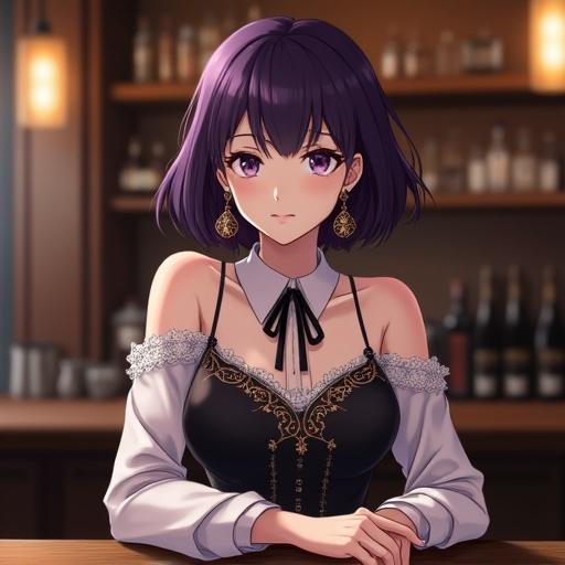 A beautiful Japanese anime lady with dark violet hair sits at a bar counter. She has sharp features and a calm expression. Bob hair frames her face. Wearing a long white see-through off-shoulder sleeves and a dark vest with lace details. A black bow decorates the neckline. The backdrop is a polished wooden bar. She has intricate gold earrings. The setting is warm and inviting.