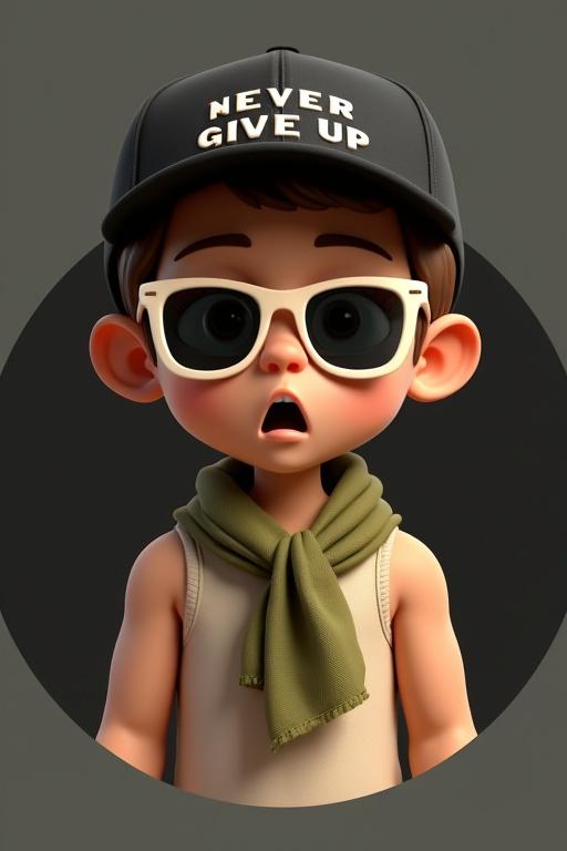 3D cartoon-style portrait of a muscular young boy with smooth tan skin. Boy has a surprised expression. He wears a black cap with NEVER GIVE UP, oversized off-white square sunglasses, and an olive-green floral scarf tied under his chin. He is dressed in a beige tank top. The image is framed inside a clean circle on a dark gradient background, creating a polished, stylized character avatar look.