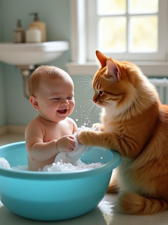 Medium shot in softly lit bathroom. Happy baby in blue wash basin with bubbles. Large fluffy orange tabby cat gently dabbing washcloth into water towards baby. Sink and window visible in background.