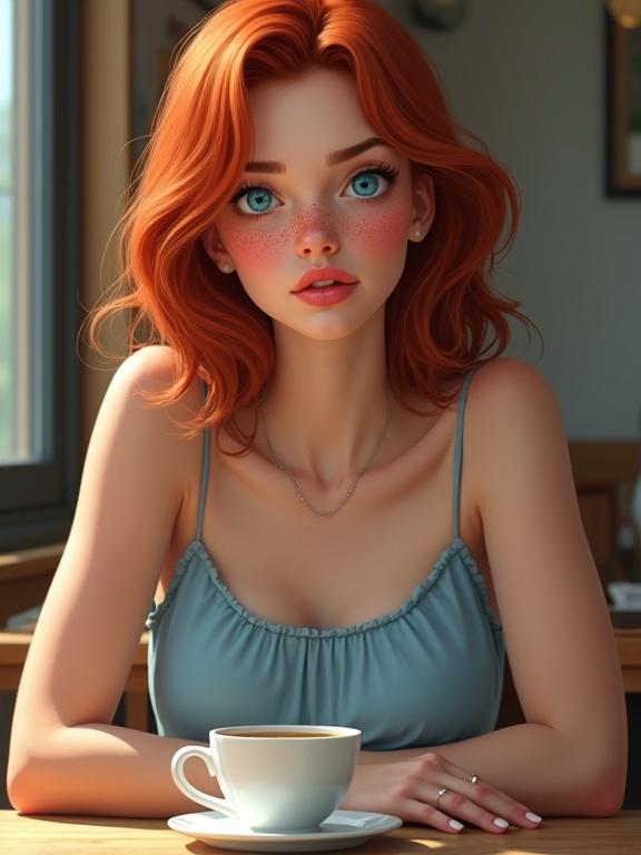 Portrait of a young woman with red hair and freckles. Bright blue eyes and full pink lips. Dressed in a light blue sundress. Sitting at a table. Coffee cup in front of her. Thoughtful expression.