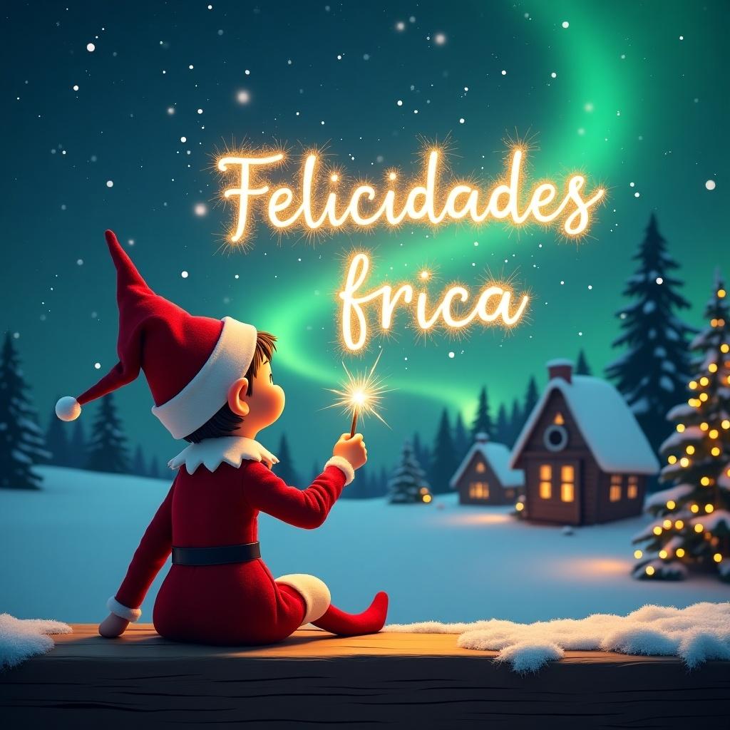 Elf in red outfit with pointed hat sits on wooden ledge. Elf gazes at magical sky while holding a sparkling wand. Elf writes 'Felicidades África' in the sky. Background includes snowy landscape, charming houses, evergreen trees, and Northern Lights. Scene captures essence of magic and Christmas cheer.