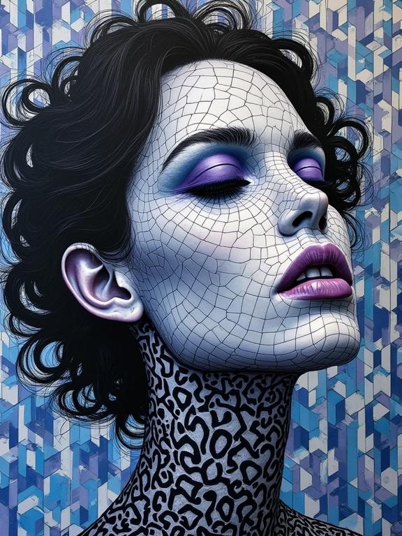 Ultrarealistic surreal morphic portrait of a stunning figure with intricate geometric patterns. Mixed media and encaustic wax used. Styles of Escher, Bridget Riley, and Sonia Delaunay with violet, indigo, blue, black, and white colors.