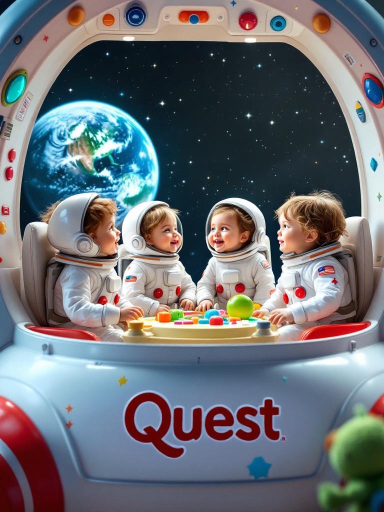 Four astronaut toddlers are inside a colorful spaceship. The spaceship has the word Quest on it. Outside the windows, planet Earth is visible. They are interacting with floating toys. Their space suits are custom-made and adorable. Their expressions show wonder and excitement.