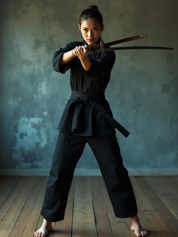 Young woman standing in a dynamic stance. Facing the camera with intense eye contact. Body visible from head to toe. Standing on a wooden floor with blue-grey concrete wall behind. Right hand gripping katana tightly with fingers in control. Left hand relaxed at her side. Wearing a black martial arts outfit with hood down. No gloves showing skin and texture. Katana has a metallic shimmer. Centered in the frame with feet flat. Warm golden-hour glow lighting casting soft shadows. Ideal for cinematic action portraits.