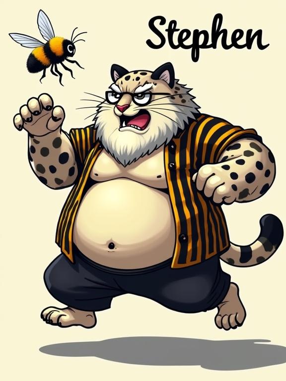 Chubby anthropomorphic snow leopard character in a martial arts pose. Has a fluffy mane and beard. Wears open striped shirt and shorts. Features friendly but angry expression and massive pet bumblebee. Includes thin eyeglasses on nose. Exaggerated features give fantasy look. Minimal background. Name 'Stephen' in cursive in the corner.