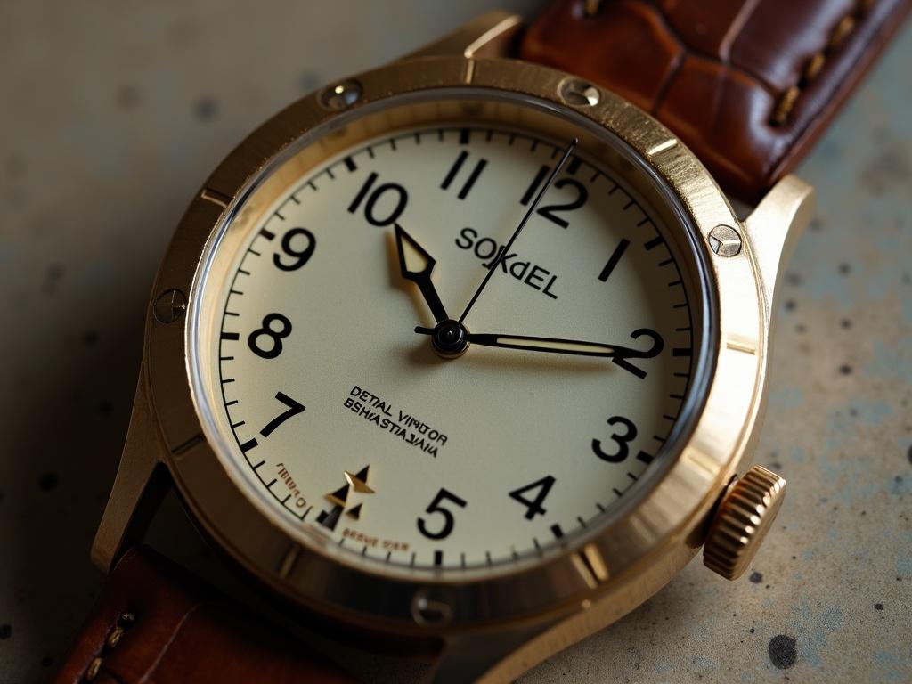 Analog watch displaying time with hour hand on 8 and minute hand on 3. Brown leather strap highlights an elegant design. Clear numbers and chronograph features enhance functionality.