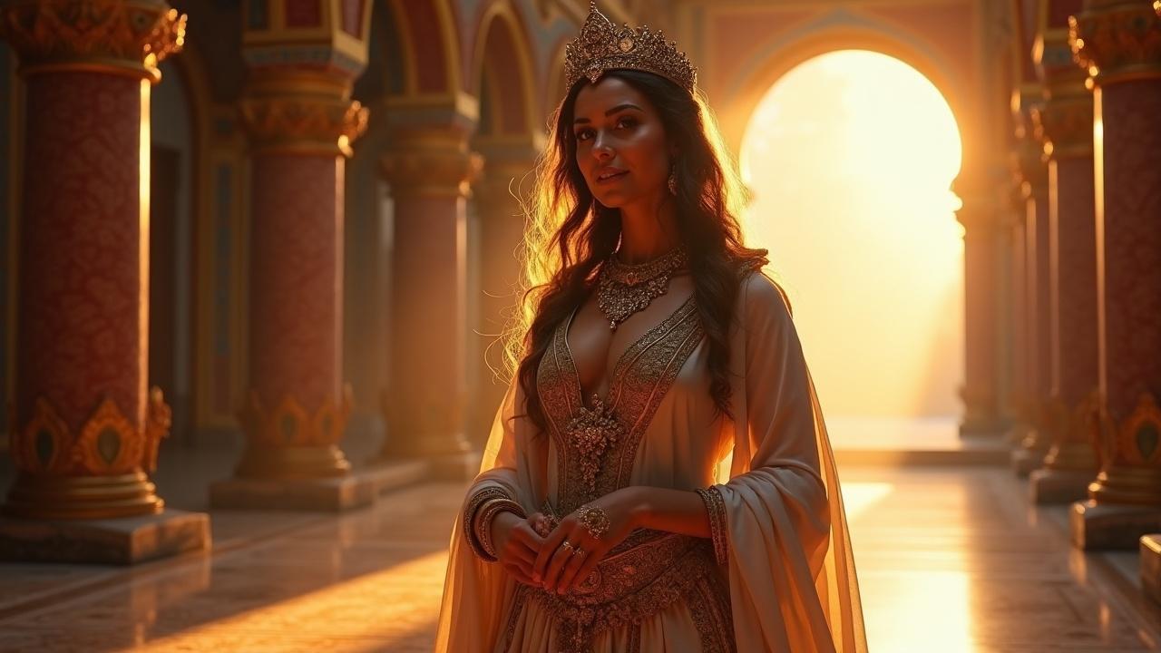 A regal queen standing in a sunlit medieval palace, intricately dressed in royal attire, captured in a warm, golden light.