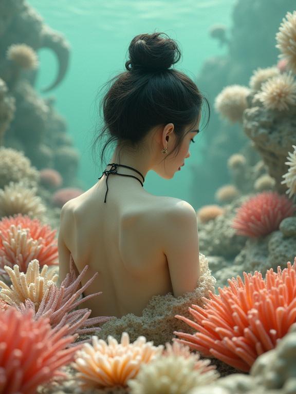 Photorealistic concept art featuring a woman in a coral reef zen garden. The scene evokes tranquility and surrealism with exquisite 3D rendering. It includes coral, sea shells, anemones, and algae. The woman has edgy hair, wears a choker, and showcases hues of red, beige, yellow, green, gray. Extreme detail in a minimalist background. High-quality digital painting.