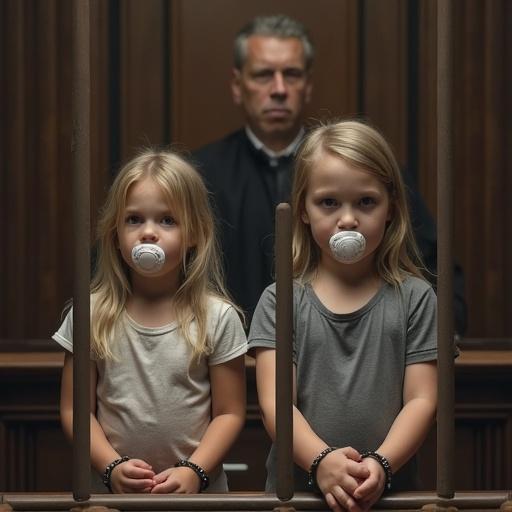 Two children sit together in a cage in a courtroom. A boy and a girl appear nervous. Each child wears a pacifier and has handcuffs. They await a sentence from the judge. Another girl is near a guillotine in the same courtroom. She also has a pacifier.