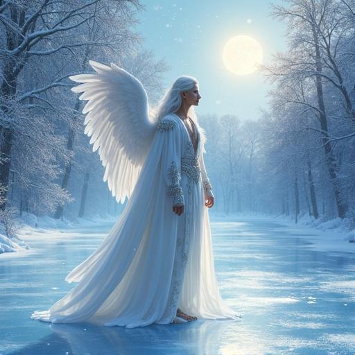 Breathtaking elven man with long white hair and blue eyes, wings unfurled, standing on icy ground. Elegantly draped in white gothic coat with intricate silver details. Surrounded by falling snow and a mystical forest backdrop. Ethereal light and soft colors create a magical atmosphere.