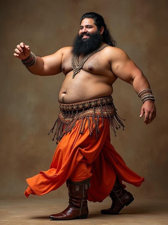 Large chubby hairy bearded Indian man dances joyfully. He wears fancy boots and male belly dancing costume. The costume is adorned with decorative elements. The man has a big smile, exuding happiness.