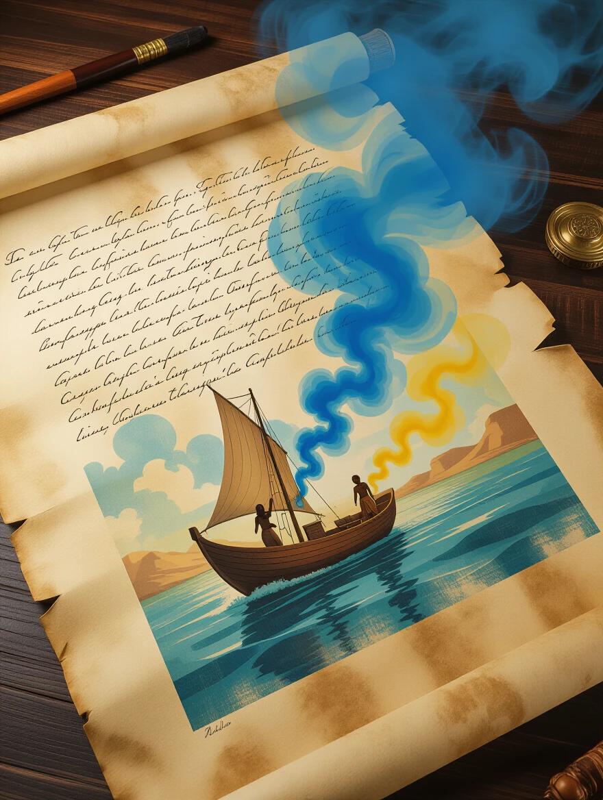 Depict a scroll with a painting coming to life featuring a boat on the Nile River. Include blue and yellow smoke patterns. The scroll should be on a dark wood table. The artwork blends reality and fiction.