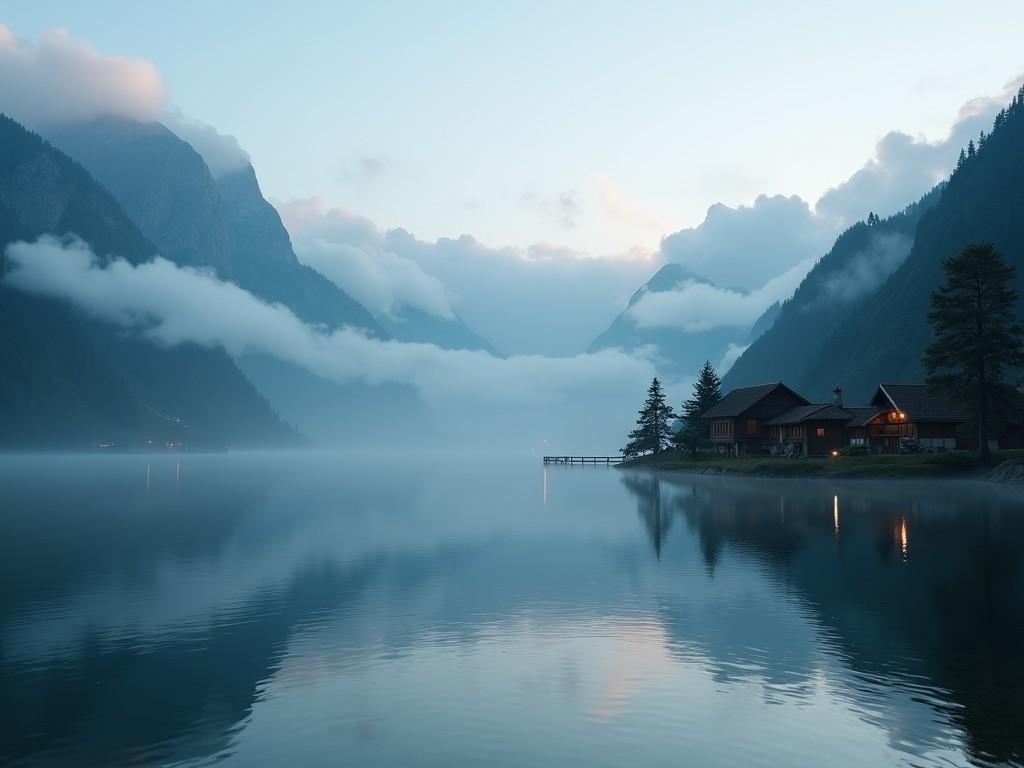 A serene alpine lake at dawn with cabins on the shore, surrounded by misty mountains and calm waters reflecting the scenery.