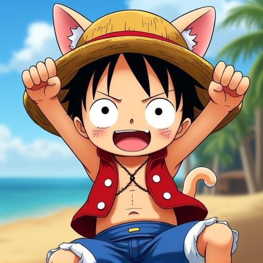 Luffy with a cat's head in anime style. Iconic straw hat and red vest. Cat features include large eyes and triangular ears. Dynamic pose. Vibrant and detailed art style. Background suggests a sunny deck or tropical setting. The mood is fun and energetic.