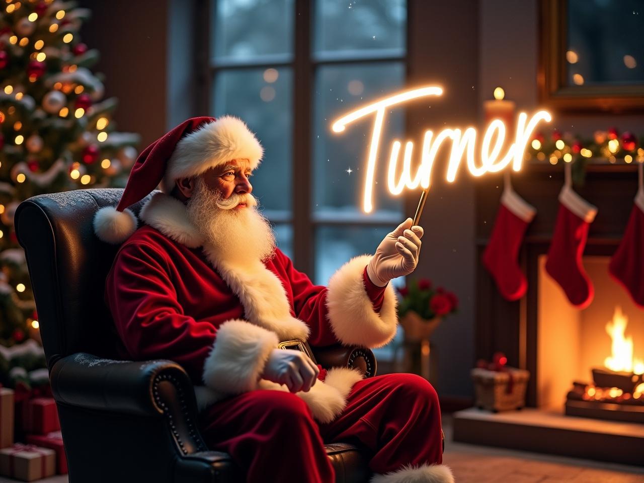 A magical Christmas scene featuring Santa Claus in his iconic red suit with white fur accents. He is sitting comfortably in a cozy armchair by a beautiful fireplace decorated for the holidays. Snow gently falls outside the window, adding to the festive atmosphere. Santa is holding a glowing stick in his hands, skillfully writing the name 'Turner' in the air with bright light. The room is filled with warm, soft lighting, and there are Christmas stockings hanging by the fireplace, creating a cheerful holiday mood.