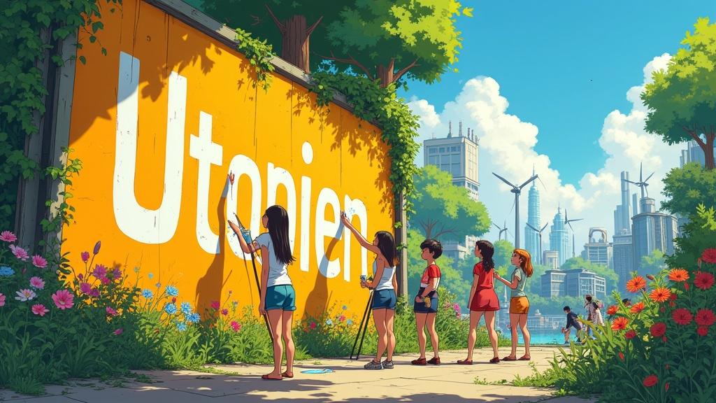 A vibrant Solarpunk scene inspired by Studio Ghibli. A group of young activists painting a large wall with 'Utopien'. The environment is lush with flowers and vines. The city is filled with eco-friendly architecture featuring wind turbines and solar panels. Activists wear colorful clothes and show joy. The scene is warm and full of life.