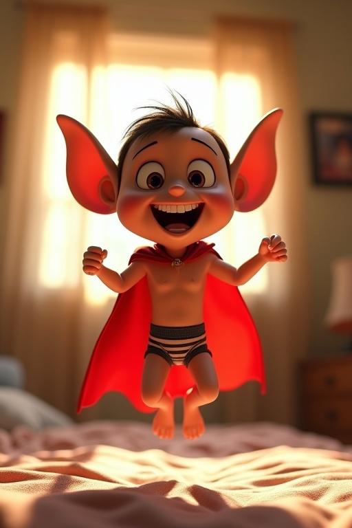 A hyperrealistic 3D cartoon humanoid creature with oversized eyes and huge ears. Creature jumps on a bed in a messy bedroom. Sunlight streams through curtains. Creature wears a red superhero cape and striped boxers with a huge grin. Exaggerated animation style and cinematic lighting.