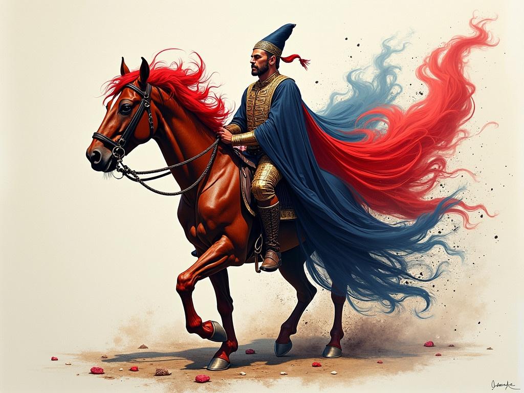 Depict the Serbian emperor Dusan Silni riding a powerful brown horse. The emperor wears traditional colorful attire with a red and blue flowing cape. The background features soft textures that complement the movement of the cape and mane. Emphasis on patriotic themes and a sense of strength.