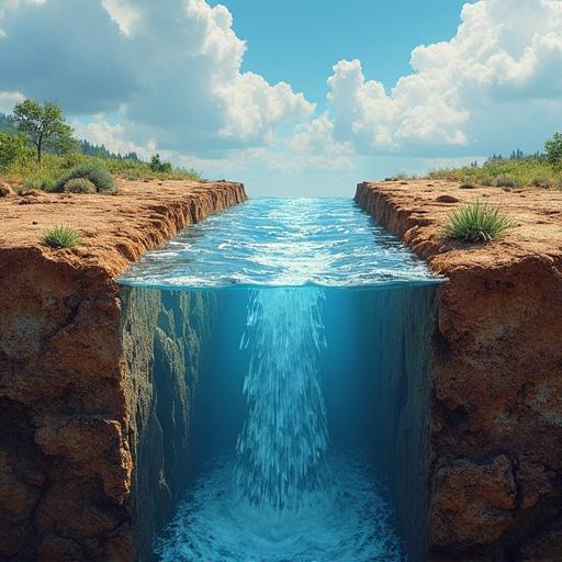 Water flows beneath the earth's crust. A deep channel reveals rushing water. Surrounding scenery includes sparse vegetation and rocky landscape. Sky is filled with fluffy clouds. Vibrant colors bring the scene to life.