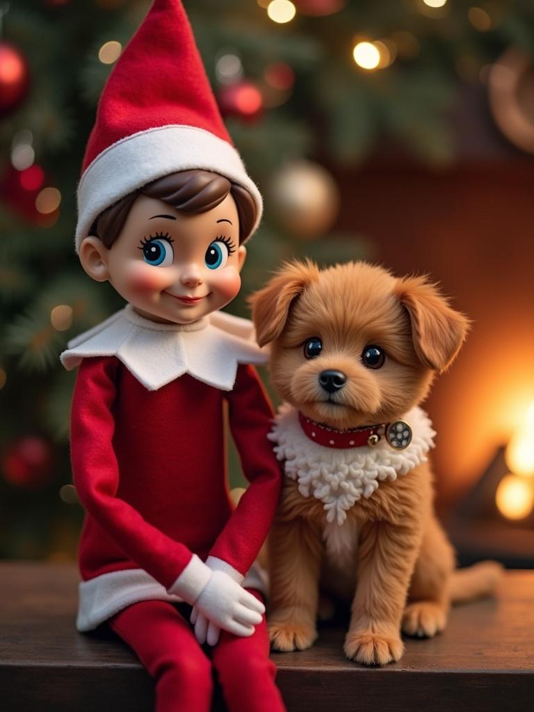 A playful elf on the shelf and an adorable puppy sitting together near a decorated Christmas tree with a warm fireplace in the background. The scene captures the essence of Christmas joy and companionship. Perfect for holiday celebrations.