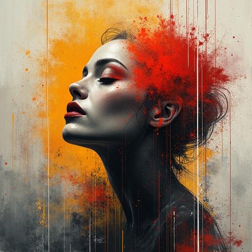 Abstract art with bold colors. Silhouette of a head in profile. Background features splashes of orange and red.